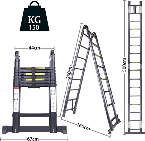 Joparri Telescopische ladder, vouwladder, uittrekbare, antislip aluminium staande ladder, multifunctioneel, 150 kg belastbaarheid, 3,8 m