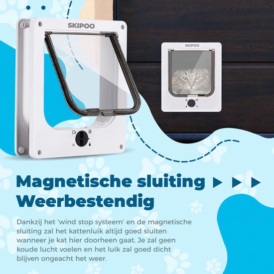 Wit Skipoo kattenluik met magnetische sluiting en weerbestendig "wind stop systeem".