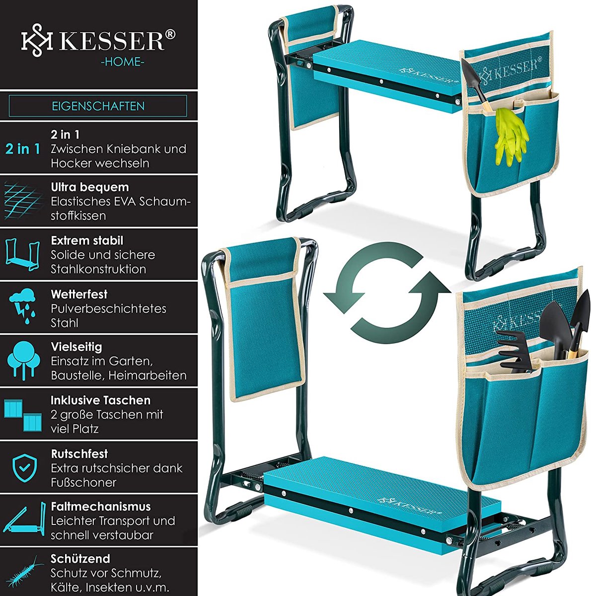 KESSER® 2 in 1 XXL tuinbank knielbank gevoerde zitting onderlegger EVA-schuimkussen tuinkruk opvouwbaar incl. 2 x gereedschapstas tuinbank 60 x 50 x 27 cm tot 150 kg blauw