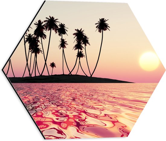 Dibond Hexagon - Silhouet van Palmbomen op Onbewoond Eiland in de Oceaan bij Zonsondergang - 40x34.8 cm Foto op Hexagon (Met Ophangsysteem)
