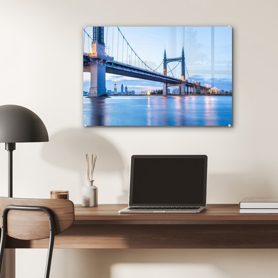 ® Glasschilderij 60x40 cm - Schilderij acrylglas - De brug over de rivier die naar Harbin loopt - Foto op glas - Muurdecoratie woonkamer - Wanddecoratie slaapkamer - Schilderijen