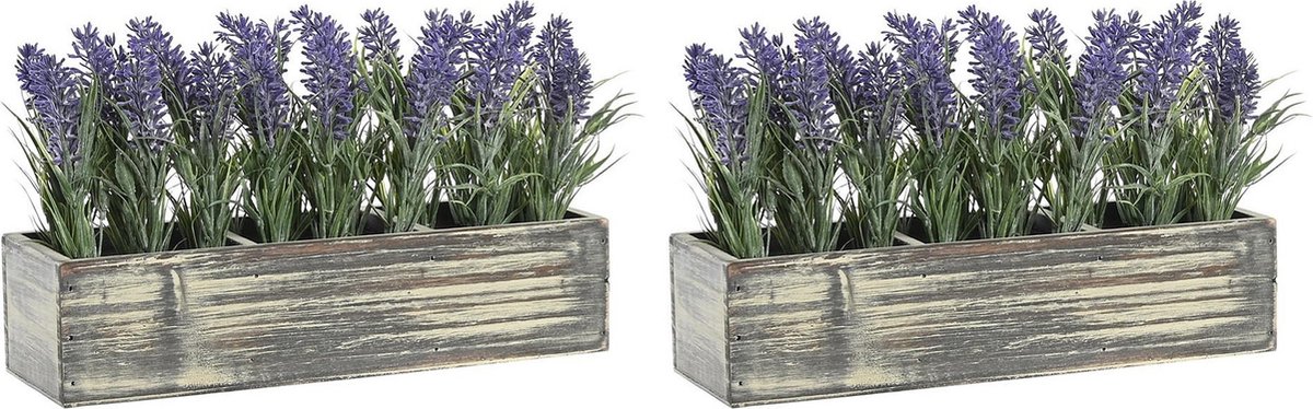 Items Lavendel bloemen kunstplant in bloembak - 2x - paarse bloemen - 34 x 14 x 19 cm - bloemstukje