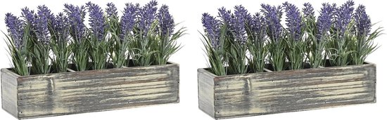 Items Lavendel bloemen kunstplant in bloembak - 2x - paarse bloemen - 34 x 14 x 19 cm - bloemstukje
