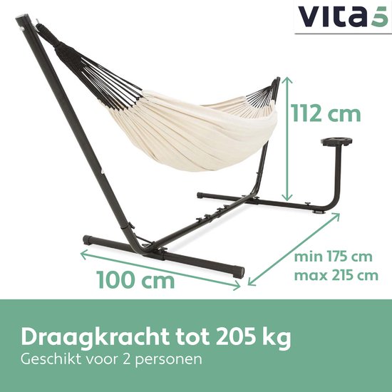 Vita5 Hangmat met Standaard – 2 Persoons – Incl. Bekerhouder – 205kg Draaggewicht – Beige/Wit - Vita5