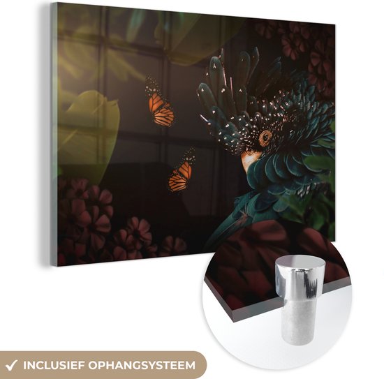 Glasschilderij - Jungle - Vogel - Vlinder - Bloemen - 120x80 cm - Acrylglas Schilderijen - Foto op Glas - Slaapkamer decoratie