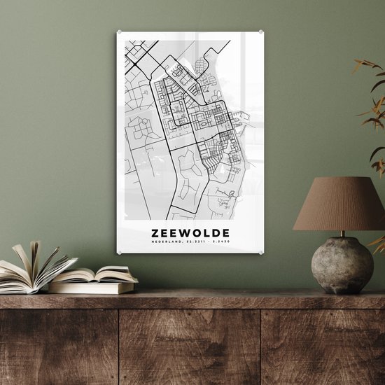 MuchoWow® Glasschilderij 40x60 cm - Schilderij acrylglas - Stadskaart - Zeewolde - Grijs - Wit - Foto op glas - Schilderijen - Plattegrond