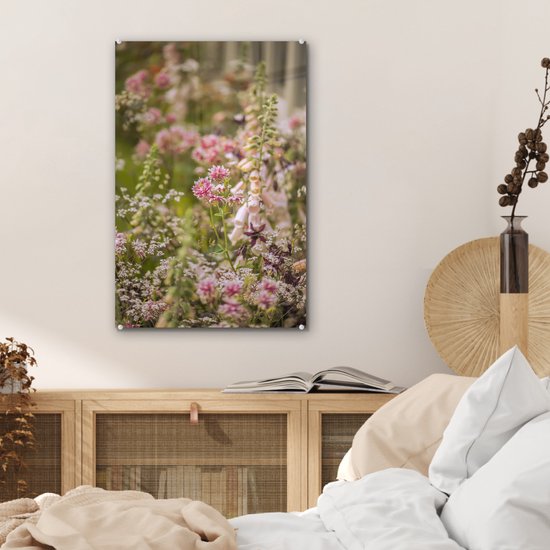 ® Glasschilderij 40x60 cm - Schilderij acrylglas - Romantisch beeld met akeleien - Foto op glas - Muurdecoratie woonkamer - Wanddecoratie slaapkamer - Schilderijen