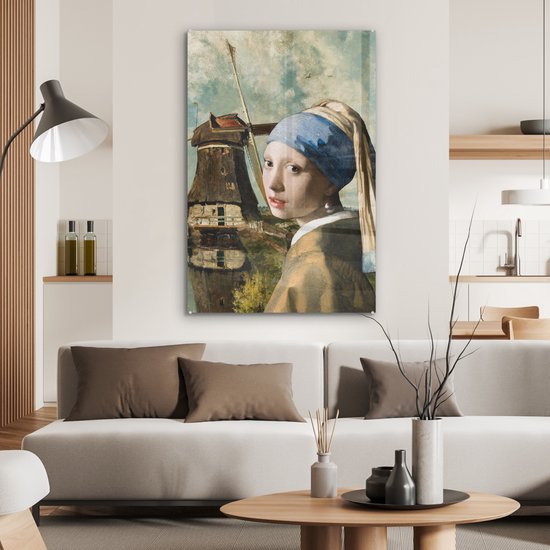 MuchoWow® Peinture sur verre 60x90 cm - Peinture sur verre acrylique - Fille à la boucle d'oreille en perle - Johannes Vermeer - Moulin - Photo sur verre - Peintures
