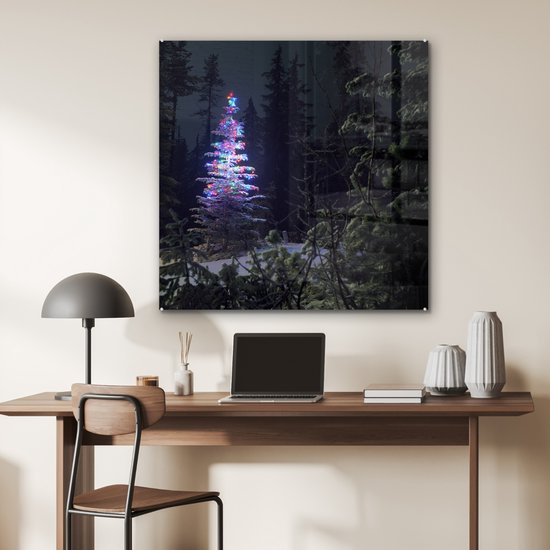 Peinture sur verre - Sapin de Noël illuminé dans une forêt sombre - 90x90 cm - Peintures Plexiglas