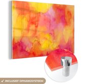 MuchoWow® Glasschilderij 120x80 cm - Schilderij acrylglas - Verf - Schilderij - Oranje - Geel - Foto op glas - Schilderijen