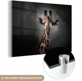 MuchoWow® Glasschilderij 120x80 cm - Schilderij acrylglas - Giraffe - Donker - Dieren - Foto op glas - Schilderijen
