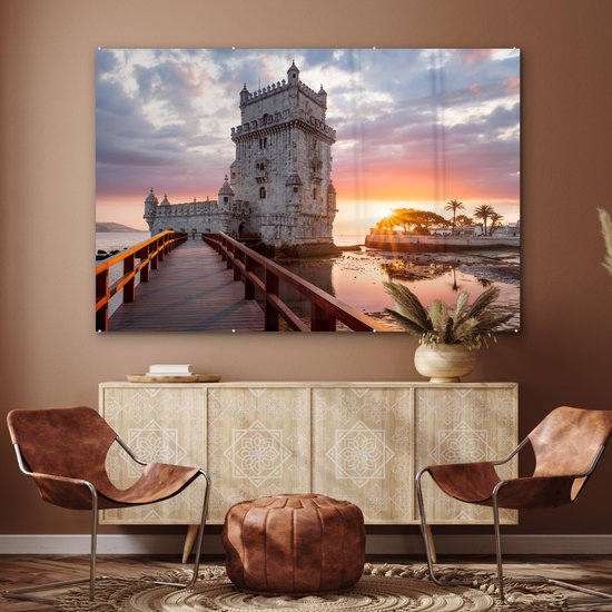 ® Glasschilderij 150x100 cm - Schilderij acrylglas - Torre de Belém met een zonsondergang - Foto op glas - Muurdecoratie woonkamer - Wanddecoratie slaapkamer - Schilderijen