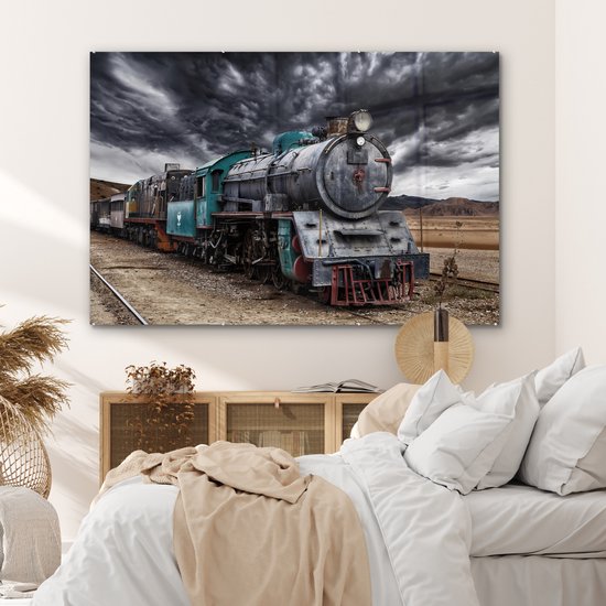 Peinture sur verre - Nuages sombres au-dessus de la locomotive à vapeur - 150x100 cm - Peintures en plexiglas