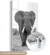 MuchoWow® Glasschilderij 60x90 cm - Schilderij acrylglas - Tegemoetkomende olifant - zwart wit - Foto op glas - Schilderijen