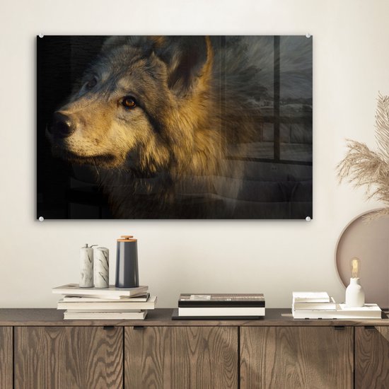 Peinture sur Verre - Loup - Or - Soleil - 60x40 cm - Peintures Plexiglas