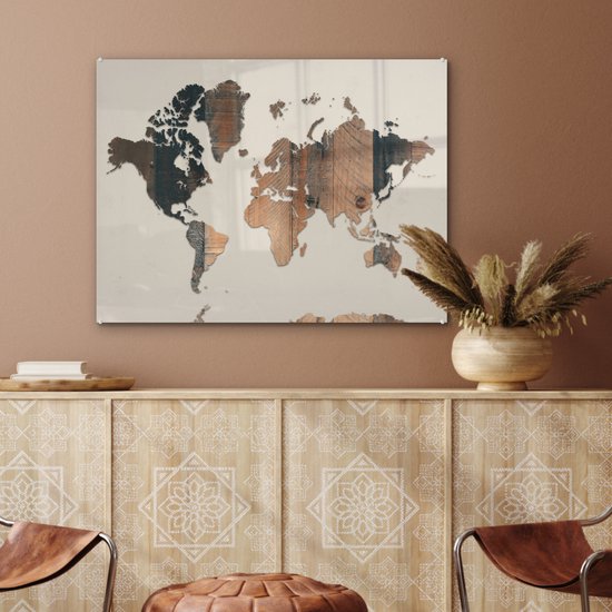 Peinture sur Verre - Carte du Wereldkaart - Bois - Planche - 80x60 cm - Peintures sur Verre Peintures - Photo sur Glas
