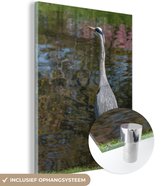MuchoWow® Glasschilderij 120x160 cm - Schilderij acrylglas - Een kleine groene reiger bij een vijver - Foto op glas - Schilderijen