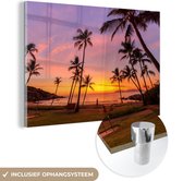 MuchoWow® Glasschilderij 60x40 cm - Schilderij acrylglas - Palmen op een tropisch strand bij zonsopgang in Australië - Foto op glas - Schilderijen
