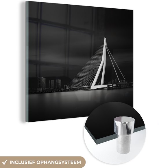 MuchoWow® Glasschilderij 90x90 cm - Schilderij acrylglas - Rotterdam - Erasmus - Brug - Zwart - Wit - Foto op glas - Schilderijen