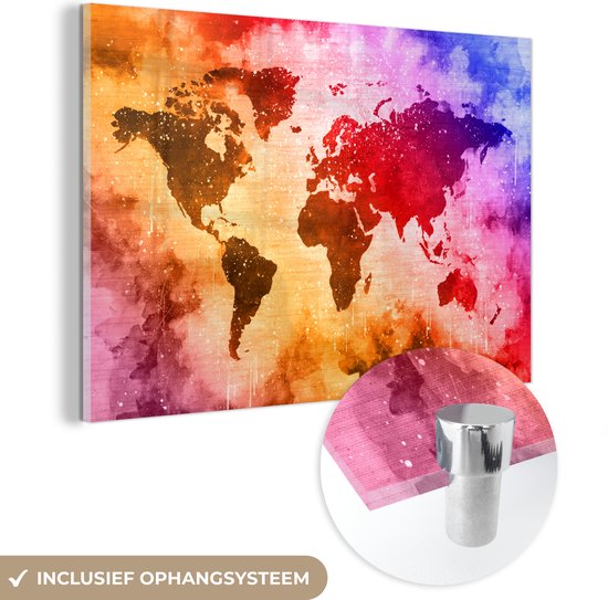Peinture sur verre - Carte du Wereldkaart - Peinture - Couleurs - 30x20 cm - Peintures en plexiglas