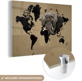 Tableau sur Verre - Carte du Wereldkaart - Zwart - Éléphant - 120x80 cm - Peintures sur Verre Peintures - Photo sur Glas
