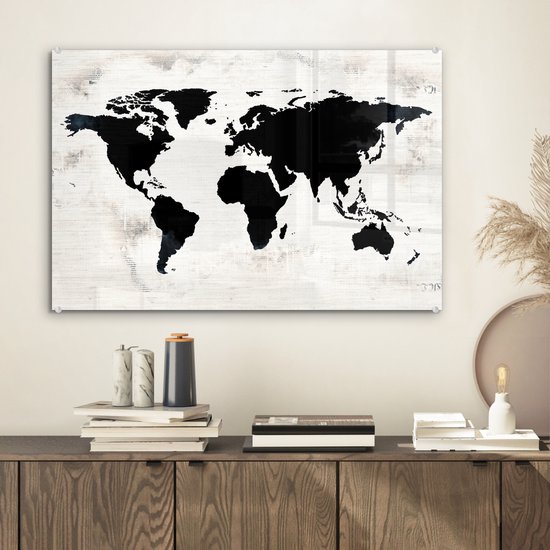 Peinture sur Verre - Carte du Wereldkaart - Zwart - Bois - 60x40 cm - Peintures sur Verre Peintures - Photo sur Glas