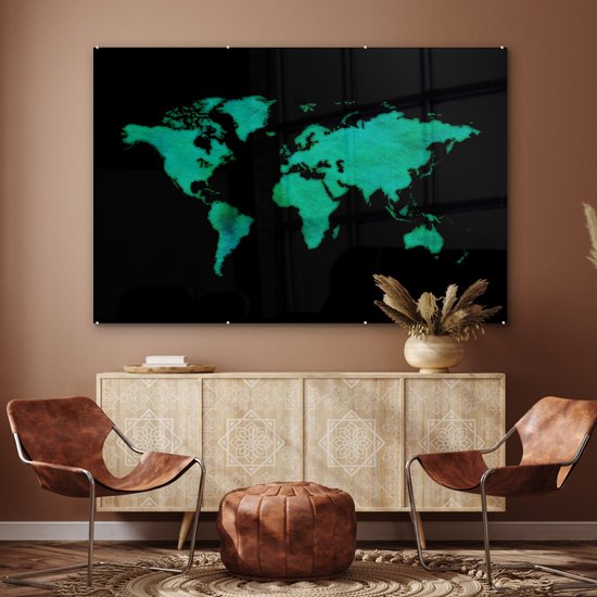 Peinture sur Verre - Carte du Wereldkaart - Vert - Aquarelle - 150x100 cm - Peintures sur Verre Peintures - Photo sur Glas
