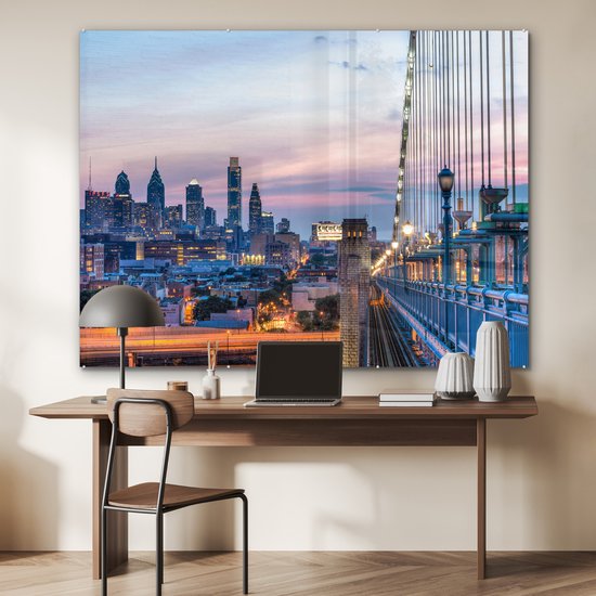 Coucher de soleil de Philadelphie aux Etats-Unis vu du pont Benjamin Franklin Plexiglas 160x120 cm - Tirage photo sur Glas (décoration murale plexiglas) XXL / Groot format!