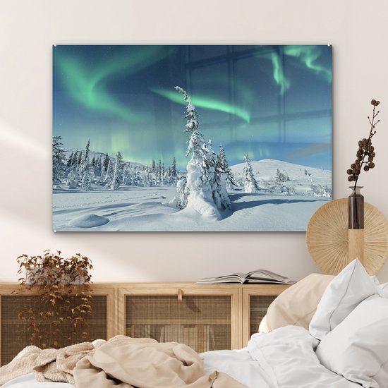 Peinture sur Verre - Paysage d'Hiver sous les Aurores Boréales - 90x60 cm - Peintures sur Verre Peintures - Photo sur Glas