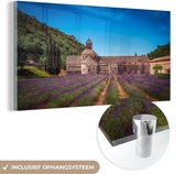 MuchoWow® Glasschilderij 160x80 cm - Schilderij acrylglas - Lavendel - Huis - Lucht - Foto op glas - Schilderijen