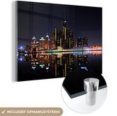 MuchoWow® Glasschilderij 180x120 cm - Schilderij acrylglas - Detroit - Skyline - Nacht - Foto op glas - Schilderijen