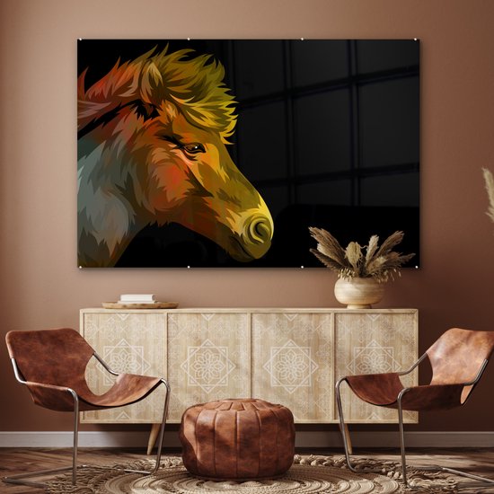 MuchoWow® Peinture sur verre 150x100 cm - Peinture sur verre acrylique - Cheval - Jaune - Zwart - Filles - Enfants - Meiden - Photo sur verre - Peintures