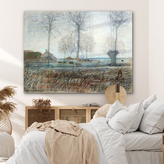 MuchoWow® Peinture sur verre 160x120 cm - Peinture sur verre acrylique - Ferme avec trois grands arbres au premier plan - Piet Mondriaan - Photo sur verre - Peintures