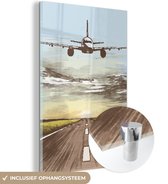 MuchoWow® Glasschilderij 100x150 cm - Schilderij acrylglas - Vliegtuig - Lucht - Zon - Foto op glas - Schilderijen