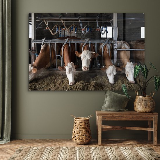 MuchoWow® Peinture sur verre 150x100 cm - Peinture sur verre - Vache - Nourriture - Ferme - Photo sur verre acrylique - Peintures