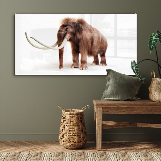 ® Glasschilderij 120x60 cm - Schilderij acrylglas - Illustratie van een Mammoet tegen een witte achtergrond - Foto op glas - Muurdecoratie woonkamer - Wanddecoratie slaapkamer - Schilderijen