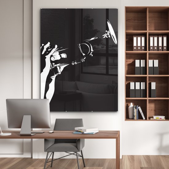 MuchoWow® Peinture sur verre 120x160 cm - Peinture sur verre acrylique - Illustration d'une trompette tenue en noir et blanc - Photo sur verre - Peintures