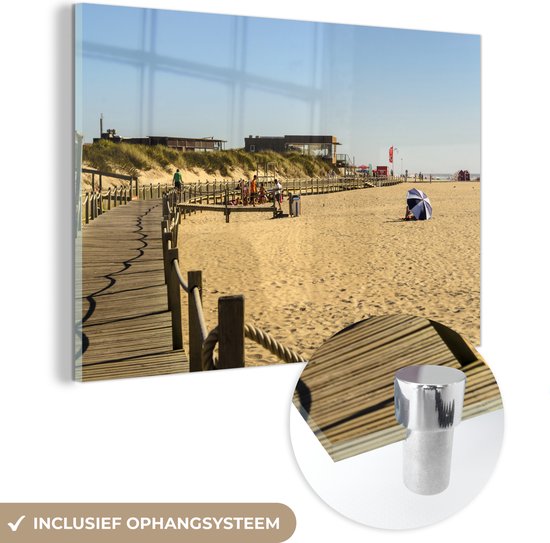 MuchoWow® Peinture sur verre 150x100 cm - Peinture sur verre acrylique - Terrasse en bois sur la plage au Portugal - Photo sur verre - Peintures