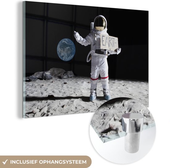 MuchoWow® Peinture sur verre 150x100 cm - Peinture sur verre acrylique - Astronaute - Terre - Lune - Photo sur verre - Peintures