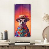 MuchoWow® Glasschilderij 20x40 cm - Schilderij acrylglas - Meerkat - Bloemen - Hoed - Dieren - Portret - Stokstaartje - Foto op glas - Schilderijen