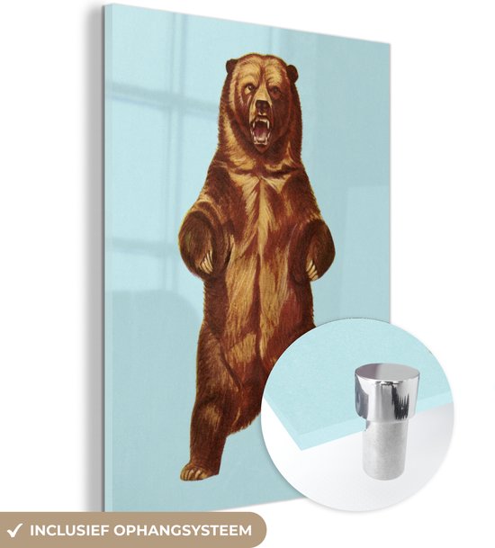 MuchoWow® Glasschilderij 90x120 cm - Schilderij acrylglas - Een illustratie van een beer in pop art - Foto op glas - Schilderijen