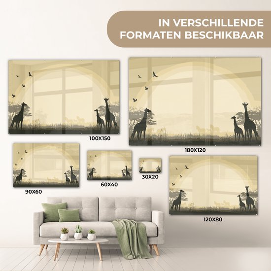 ® Glasschilderij 150x100 cm - Schilderij acrylglas - Een illustratie van een Afrikaanse safari als achtergrond met giraffen - Foto op glas - Muurdecoratie woonkamer - Wanddecoratie slaapkamer - Schilderijen