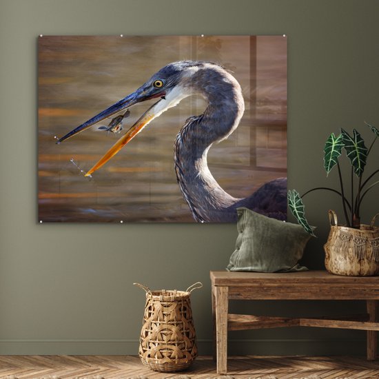 MuchoWow® Peinture sur verre - Héron avec proie - 120x90 cm - Peintures sur verre acrylique - Photo sur Glas