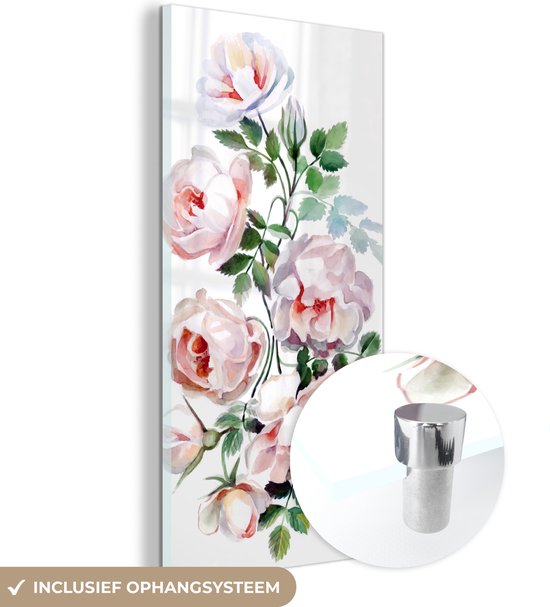 MuchoWow® Glasschilderij 60x120 cm - Schilderij acrylglas - Waterverf - Rozen - Bloemen - Foto op glas - Schilderijen
