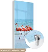 MuchoWow® Glasschilderij 80x160 cm - Schilderij acrylglas - Vier flamingo's lopen in het water - Foto op glas - Schilderijen