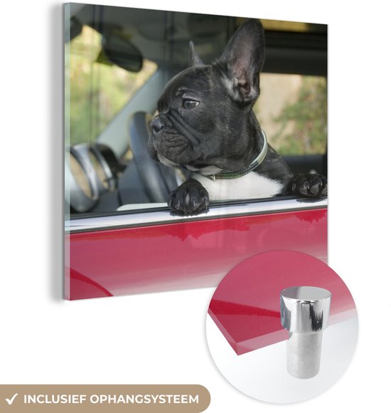 MuchoWow® Glasschilderij 90x90 cm - Schilderij acrylglas - Franse Bulldog - Auto - Rood - Foto op glas - Schilderijen