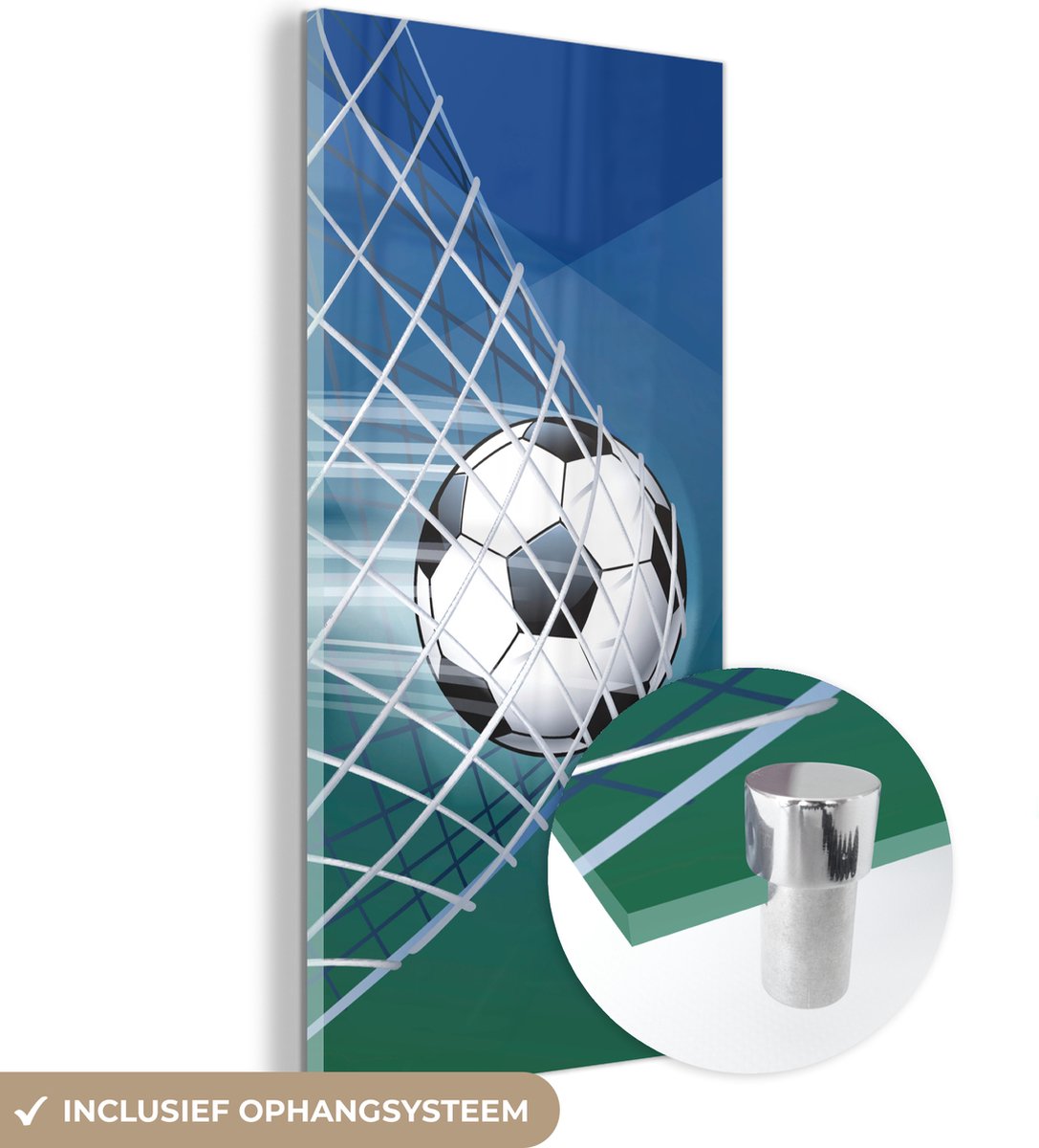 ® Glasschilderij 40x80 cm - Schilderij acrylglas - Een illustratie van een voetbal in het net -Jongens - Meisjes - Kinderen - Foto op glas - Muurdecoratie woonkamer - Wanddecoratie slaapkamer - Schilderijen