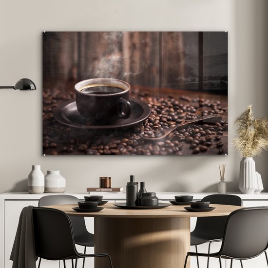 MuchoWow® Peinture sur Verre - Café - Chaud - Grains de café - 90x60 cm - Peintures sur Verre Acrylique - Photo sur Glas