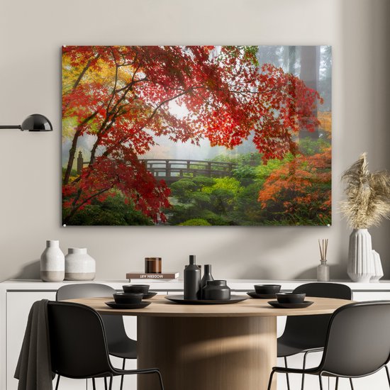 Peinture sur verre - Japonais - Pont - Érable du Japon - Arbres - Nature - Verre acrylique - Photo sur verre - 120x80 cm - Peinture sur verre nature - Décoration murale verre - Décoration murale - Peinture verre