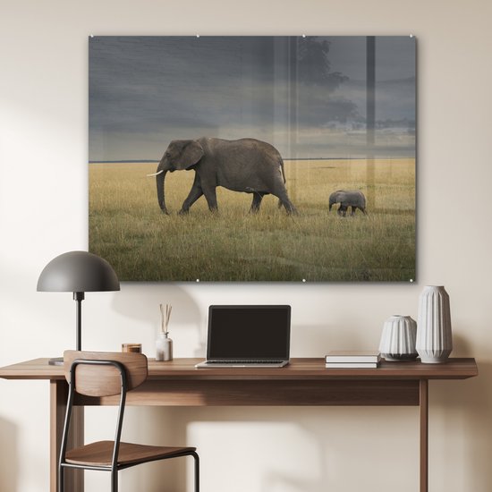 ® Glasschilderij 120x90 cm - Schilderij acrylglas - Olifant - Savanne - Dieren - Natuur - Foto op glas - Muurdecoratie woonkamer - Wanddecoratie slaapkamer - Schilderijen